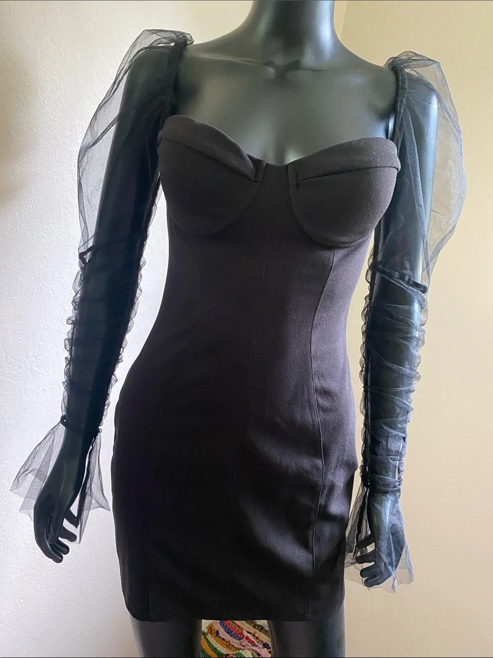 Black Long-Sleeve Sheer-Sleeve Mini Dress with Sweetheart Bodice